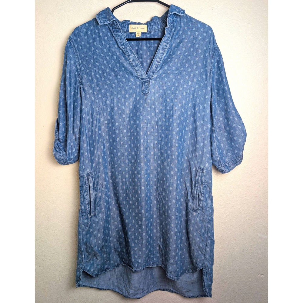 Cloth & Stone Women's M Blue Chambray Tunic Dress Roll Tab Sleeve Pockets Boho